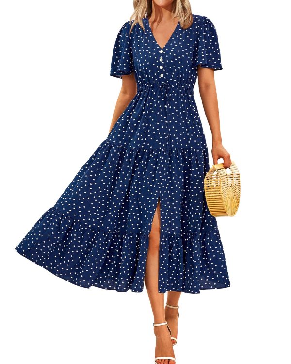 Women Summer Dresses 2025 Casual Short Sleeve V Neck Split Maxi Dress Button Drawstring Beach Long Dress