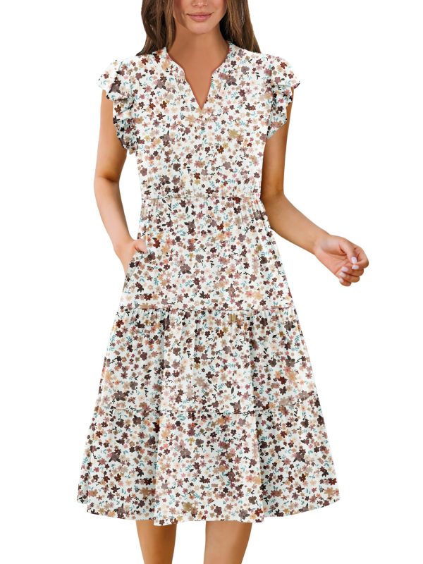 Womens Summer Casual Dresses Ruffle Sleeve V Neck Midi Dress Flowy Tiered Dress with Pockets Boho Sundresses