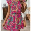 Women's Boho Print Tie Back Mini Dress Ruffle Cap Sleeve Crew Neck Vacation Dresses
