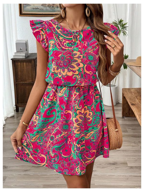 Women's Boho Print Tie Back Mini Dress Ruffle Cap Sleeve Crew Neck Vacation Dresses