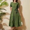 Women's Tiered Midi Dress with Tie Waist Flowy Summer Casual Short Sleeve Boho Swing Dress with Pocket
