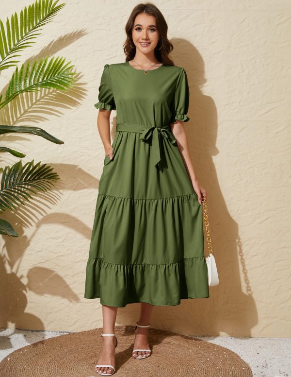 Women's Tiered Midi Dress with Tie Waist Flowy Summer Casual Short Sleeve Boho Swing Dress with Pocket