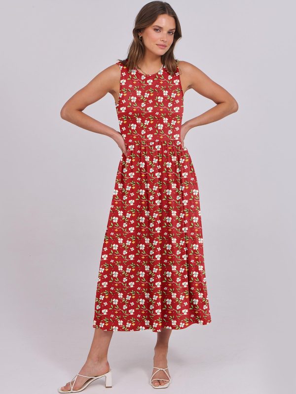 Womens Summer Sleeveless Midi Dress Casual Floral Printed A-Line Tank Beach Sundress with Pockets