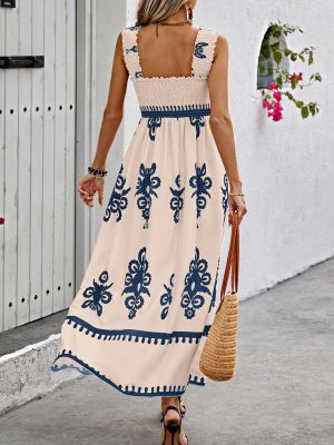 Womens Summer Boho Maxi Dress 2025 Casual Sleeveless Square Neck Floral Aline Smocked Beach Dresses with Pockets