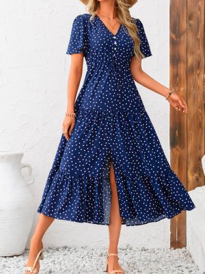 Women Summer Dresses 2025 Casual Short Sleeve V Neck Split Maxi Dress Button Drawstring Beach Long Dress