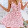 Women's Mini Dress Floral Twisted V Neck Sleeveless Short Dress Pleated Self Tie Back Mini Dress