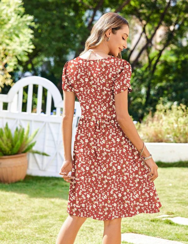 Womens Summer Dress Mini Petal Short Sleeve Dresses Pleated Button Down V Neck Floral Beach Swing Vacation Dress 2025
