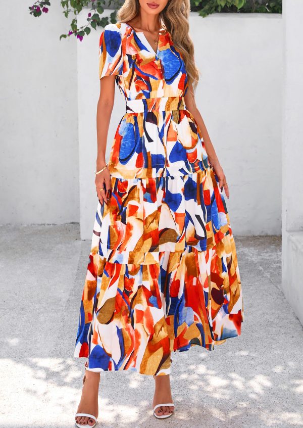 Women's 2025 Summer Boho Maxi Dresses Floral Short Sleeve V Neck A Line Tiered Flowy Long Beach Vacation Dress