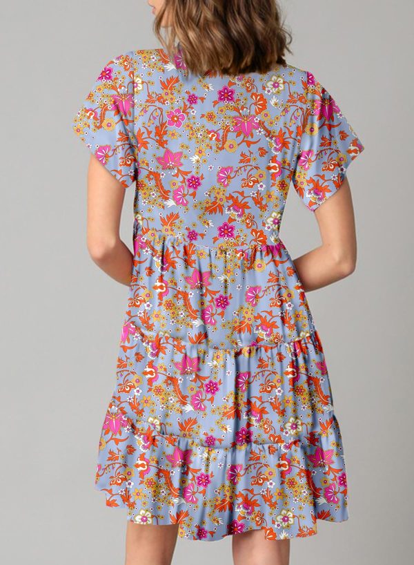 Womens Summer Casual Boho Floral Dresses V Neck Short Sleeve Sundresses Flowy Swing A-Line Mini Dress
