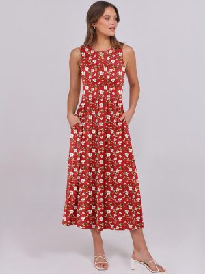 Womens Summer Sleeveless Midi Dress Casual Floral Printed A-Line Tank Beach Sundress with Pockets