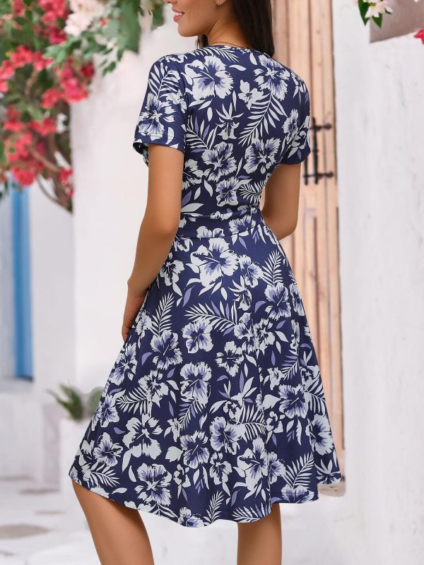Womens Summer Wrap V Neck Casual Dresses Floral Short Sleeve A-Line Midi Sundress