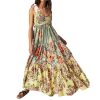 Women Floral Boho Sundress Tie Shoulder Smocked Patchwork Flowy Maxi Dresses with Pockets Summer Fall