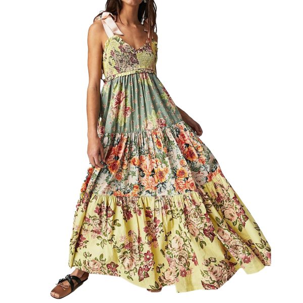 Women Floral Boho Sundress Tie Shoulder Smocked Patchwork Flowy Maxi Dresses with Pockets Summer Fall
