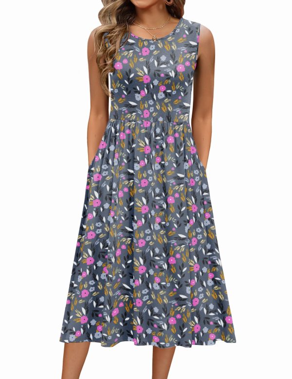 Women's Summer Tank Midi Dress with Pockets Sleeveless A-Line Dress Casual Floral T-Shirt Dress Flowy Beach Sundress