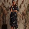 Women's Floral Printed Flutter Sleeve Midi Dress with Twist Mock Neck and Asymmetrical Hem