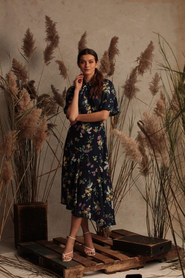 Women's Floral Printed Flutter Sleeve Midi Dress with Twist Mock Neck and Asymmetrical Hem