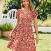 Womens Summer Dress Mini Petal Short Sleeve Dresses Pleated Button Down V Neck Floral Beach Swing Vacation Dress 2025
