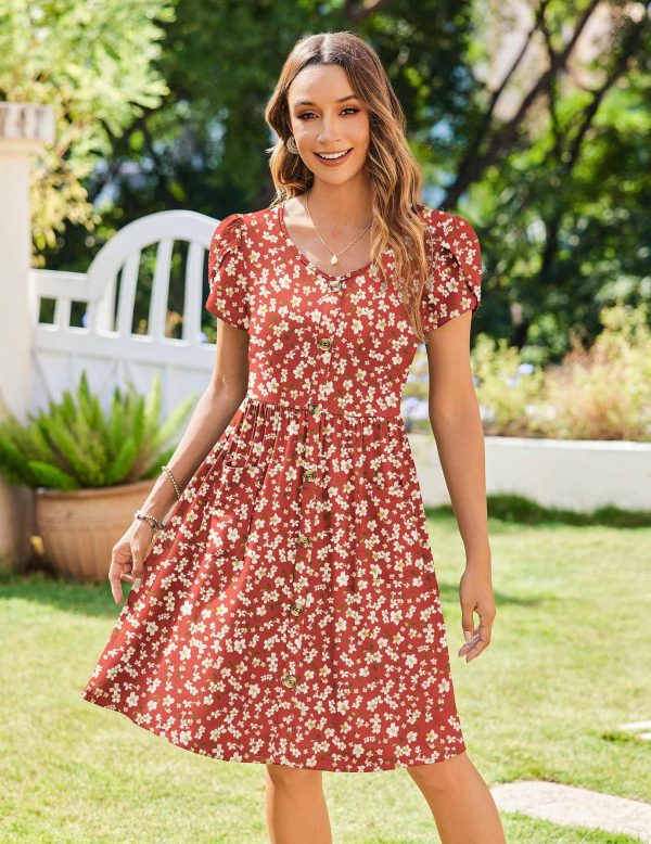 Womens Summer Dress Mini Petal Short Sleeve Dresses Pleated Button Down V Neck Floral Beach Swing Vacation Dress 2025