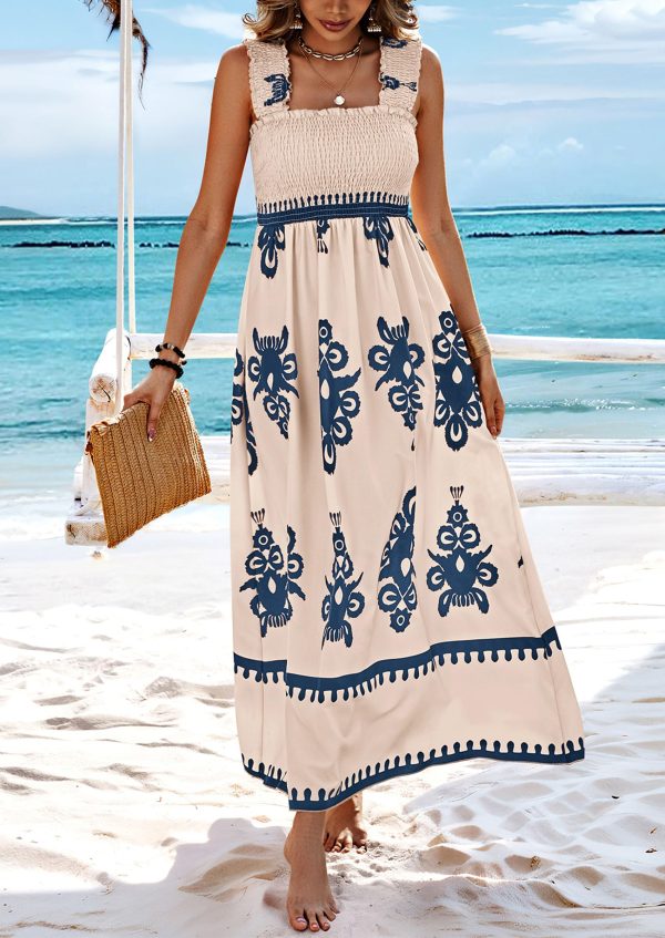 Womens Summer Boho Maxi Dress 2025 Casual Sleeveless Square Neck Floral Aline Smocked Beach Dresses with Pockets