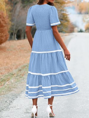 Women's Casual Summer Maxi Dress Short Sleeve Swiss Dot V Neck Smocked Long Flowy Beach Dresses