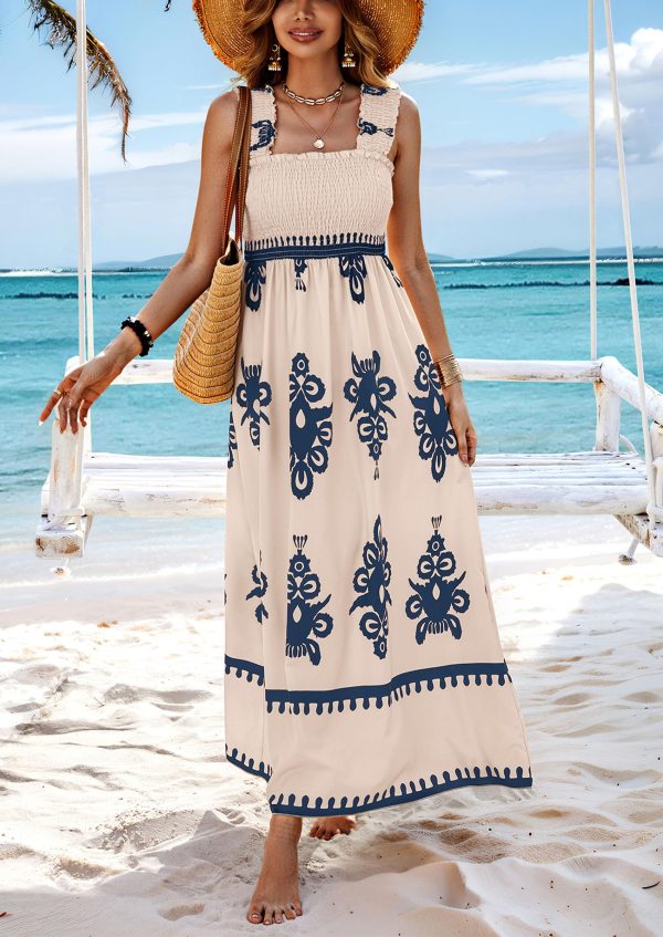 Womens Summer Boho Maxi Dress 2025 Casual Sleeveless Square Neck Floral Aline Smocked Beach Dresses with Pockets