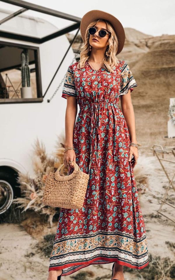 Women's Summer Boho Floral Dress Casual Beach Vacation Sundress V Neck Short Sleeve Long Maxi Dresses