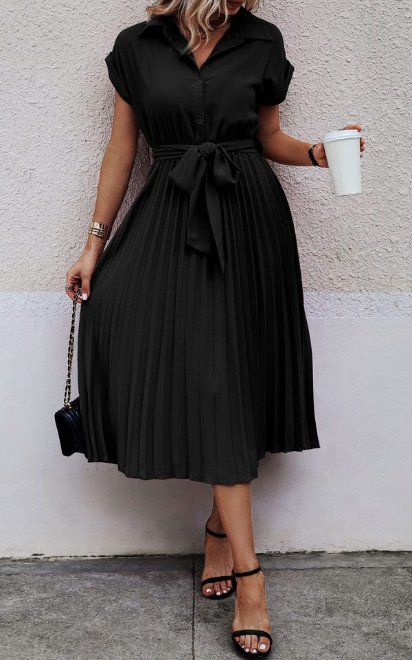 Womens Casual Midi Dresses Solid V Neck Short Sleeve Button Shirt Belted Dress with Pockets for Spring Summer 2025