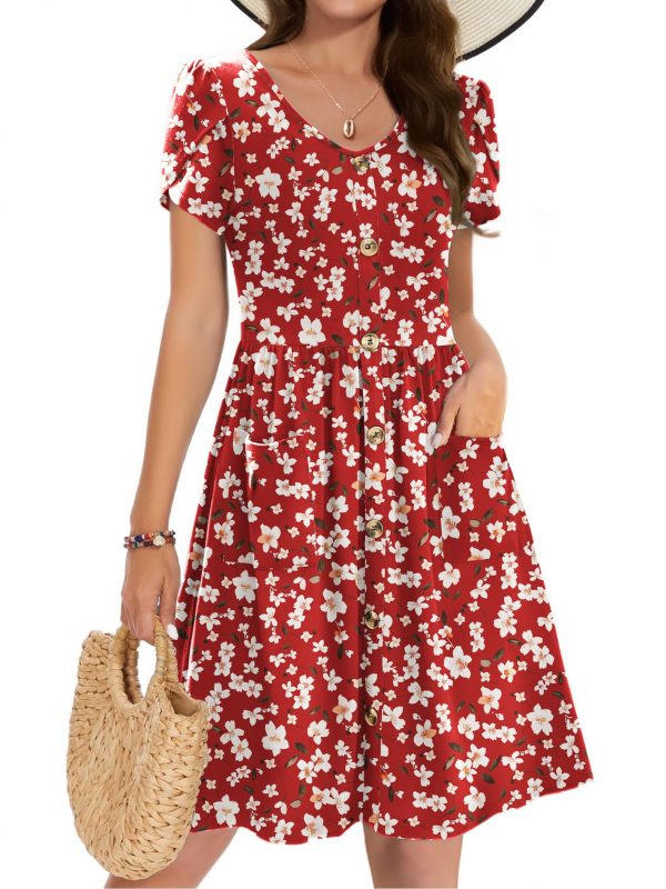 Womens Summer Dress Mini Petal Short Sleeve Dresses Pleated Button Down V Neck Floral Beach Swing Vacation Dress 2025