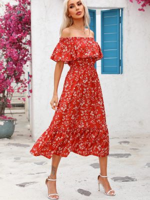 Women's 2025 Spring Summer Boho Off Shoulder Midi Dress Floral Short Sleeve A Line Casual Beach Vacation Dresses
