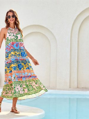 Women's Maxi Boho Dress Casual Summer Loose Long Floral Sundresses Flowy Halter Tiered Beach Vacation Outfits