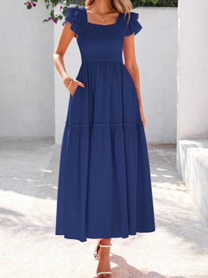 Womens Summer Wedding Guest Dress 2025 Smocked Ruffle Flutter Short Sleeve Square Neck Flowy Tiered Midi Sundress