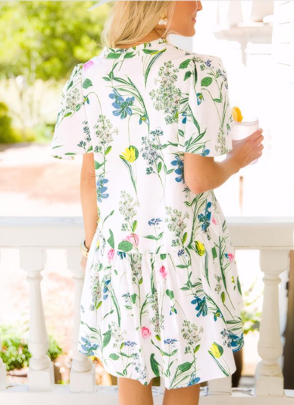 Casual Women Summer Sun Dress Loose Above The Knee V Neck Short Sleeve Floral and Geometric Dresses for Vacation
