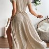 Womens Summer Maxi Dresses: Casual Short Sleeve Crewneck Slit Sundress Ruffle Pleated Long Flowy Party Cocktail Dress