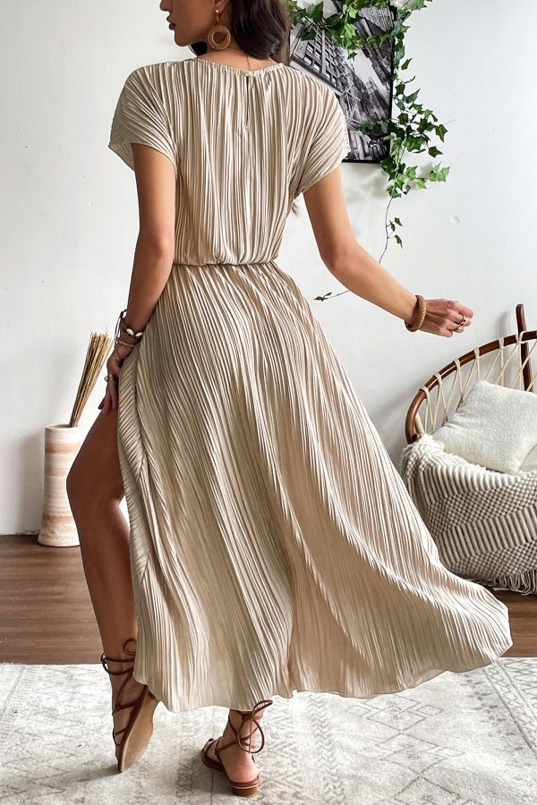 Womens Summer Maxi Dresses: Casual Short Sleeve Crewneck Slit Sundress Ruffle Pleated Long Flowy Party Cocktail Dress