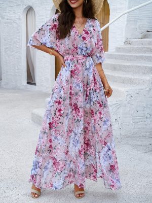 Womens Half Sleeve Wrap V Neck Chiffon Floral Casual Maxi Dress Spring Summer Wedding Guest Dresses for Women 2025