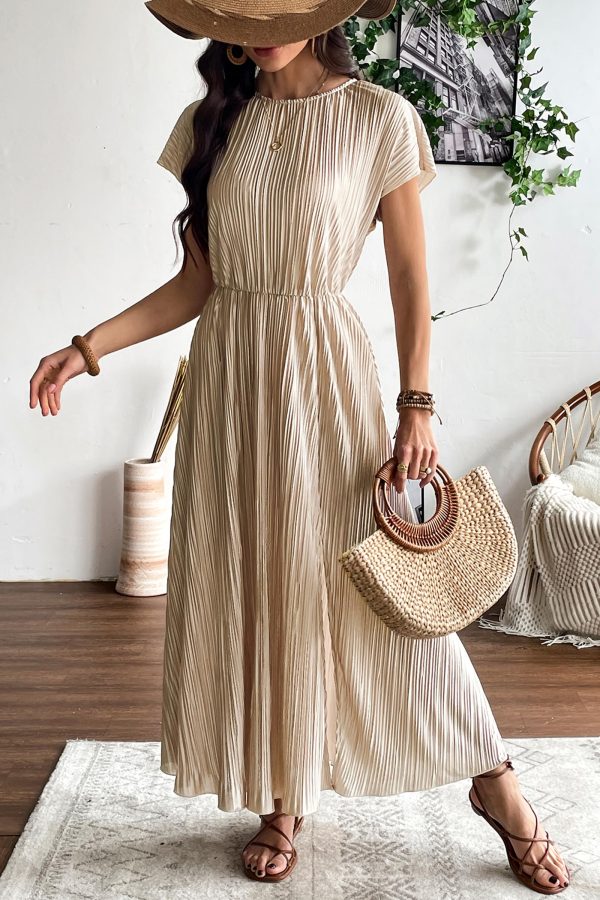 Womens Summer Maxi Dresses: Casual Short Sleeve Crewneck Slit Sundress Ruffle Pleated Long Flowy Party Cocktail Dress