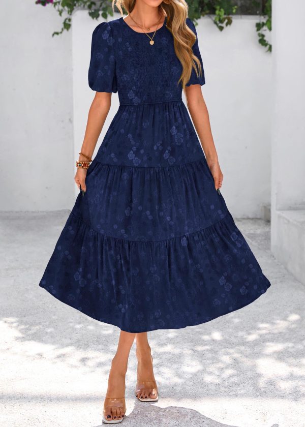 Womens Summer Dresses Wedding Guest Floral Midi Sundress Short Puff Sleeve Flowy A Line Smocked Tiered Boho Dress
