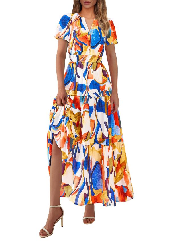 Women's 2025 Summer Boho Maxi Dresses Floral Short Sleeve V Neck A Line Tiered Flowy Long Beach Vacation Dress