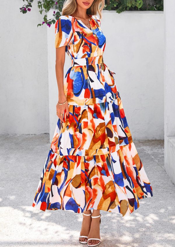 Women's 2025 Summer Boho Maxi Dresses Floral Short Sleeve V Neck A Line Tiered Flowy Long Beach Vacation Dress