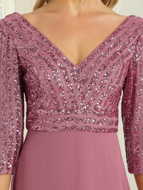 Women's Elegant Formal Dress V-Neck Long Sleeve Sequin Maxi Chiffon Evening Dresses 00751