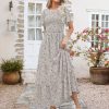 Women Summer Dress Round Neck Flutter Short Sleeve Smocked Ruffle Tiered Floral Maxi Dress 2024