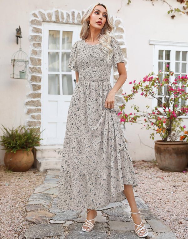 Women Summer Dress Round Neck Flutter Short Sleeve Smocked Ruffle Tiered Floral Maxi Dress 2024