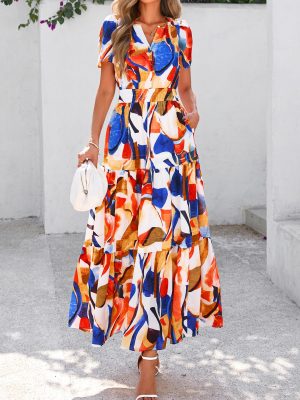 Women's 2025 Summer Boho Maxi Dresses Floral Short Sleeve V Neck A Line Tiered Flowy Long Beach Vacation Dress