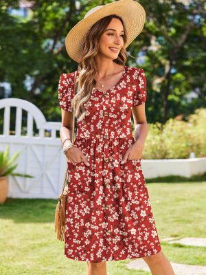 Womens Summer Dress Mini Petal Short Sleeve Dresses Pleated Button Down V Neck Floral Beach Swing Vacation Dress 2025
