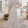 Women Summer Dress Round Neck Flutter Short Sleeve Smocked Ruffle Tiered Floral Maxi Dress 2024