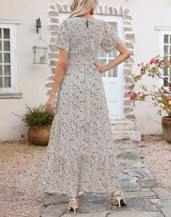 Women Summer Dress Round Neck Flutter Short Sleeve Smocked Ruffle Tiered Floral Maxi Dress 2024