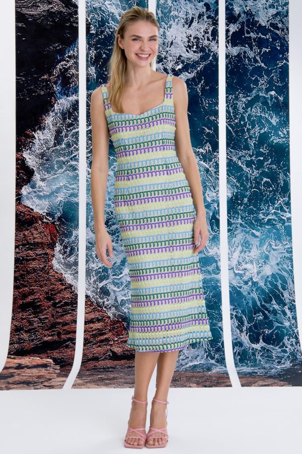Sweetheart Neckline Midi Striped Knit, Square Neck, Summer Beach Vacation Dresses for Women