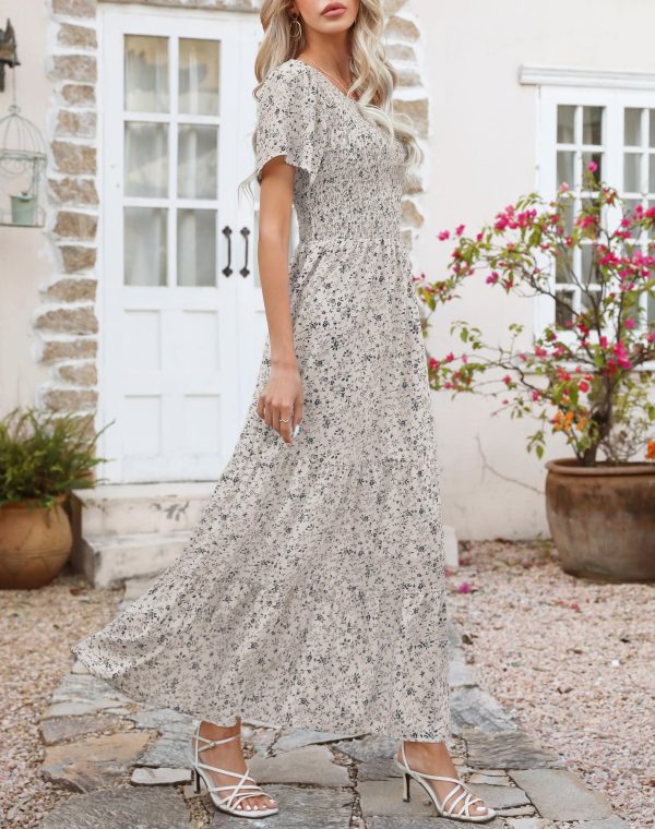 Women Summer Dress Round Neck Flutter Short Sleeve Smocked Ruffle Tiered Floral Maxi Dress 2024