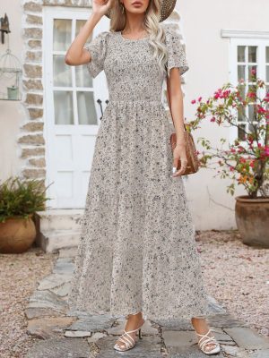 Women Summer Dress Round Neck Flutter Short Sleeve Smocked Ruffle Tiered Floral Maxi Dress 2024