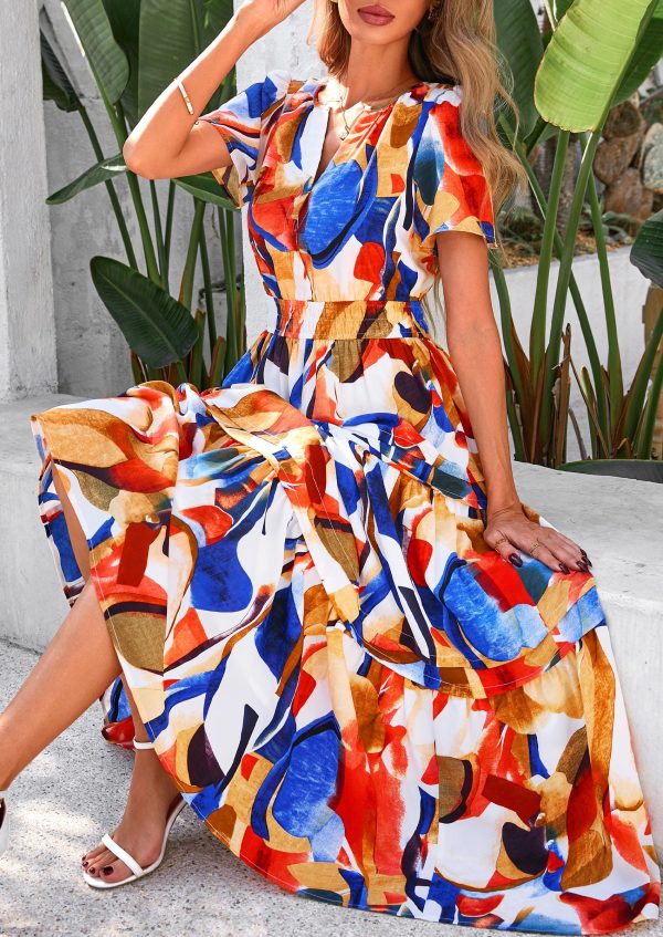 Women's 2025 Summer Boho Maxi Dresses Floral Short Sleeve V Neck A Line Tiered Flowy Long Beach Vacation Dress